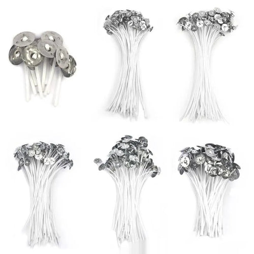 White cotton candle wicks in three lengths: 2.6cm, 6cm, and 8cm for DIY candle making