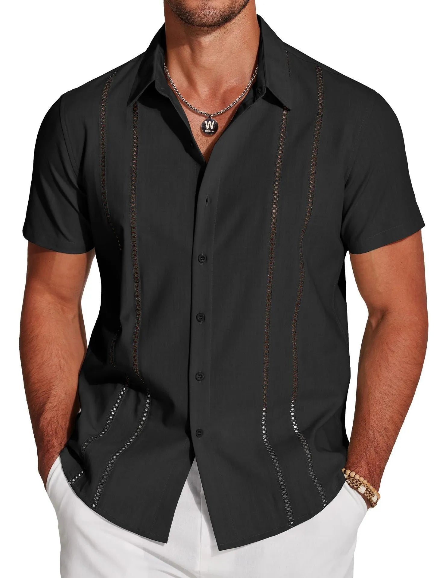 Men's slim fit short sleeve Hawaiian shirt with digital print pattern