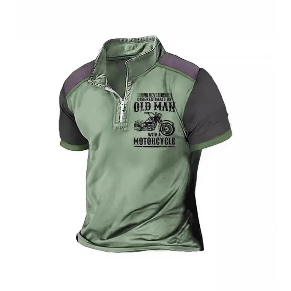 Men's digital print polo shirt with zip-decorated lapel collar in regular fit casual styling