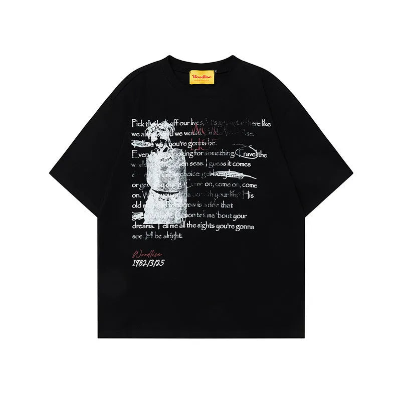 Men's black hip hop style loose T-shirt with white printed letters design and raglan sleeves
