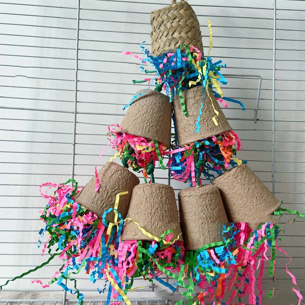 Parrot paper cup palm weaving gnawing toy made of wood, 38cm long.