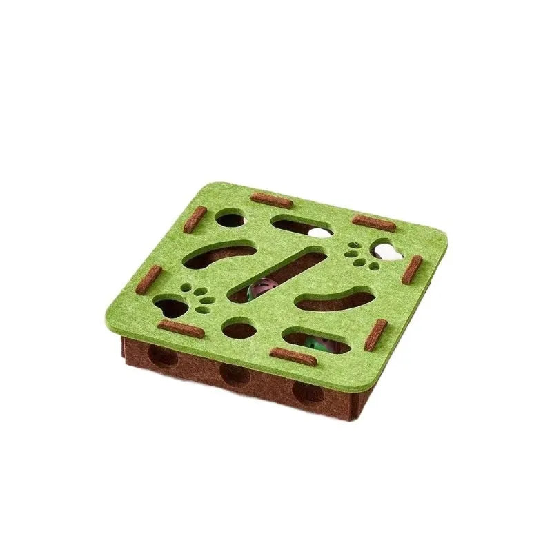 Square felt cat toy box with holes for interactive play in grey colour