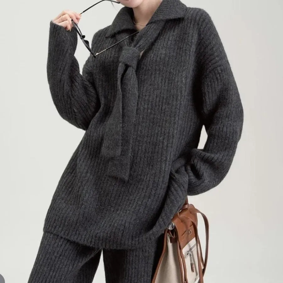 Sweater suit two-piece set with imitation cashmere fabric in beige, dark coffee, dark gray, or gray colours