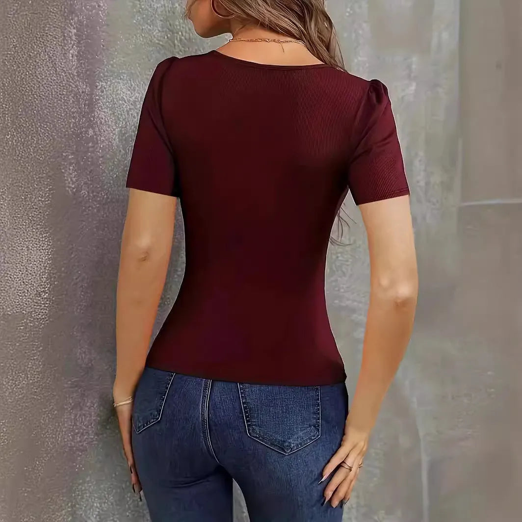 Women's wine red slim fit knitted short sleeve top with low V-neck collar