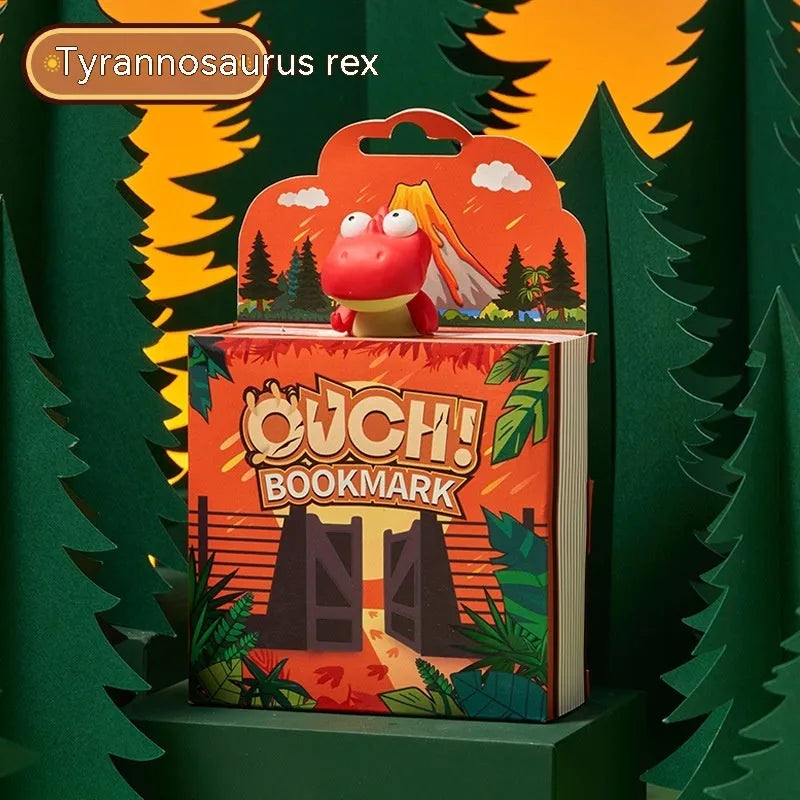 Dinosaur series bookmark showing Tyrannosaurus Rex, Triceratops, Stegosaurus, and Parasaurolophus designs in animation style