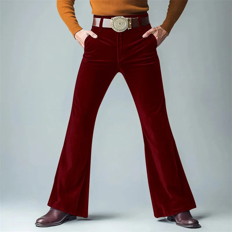 Men's gold velvet slim flared trousers in multiple colours for formal casual wear