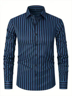 Men's slim fit striped business shirt with long sleeves in ice silk polyester blend fabric