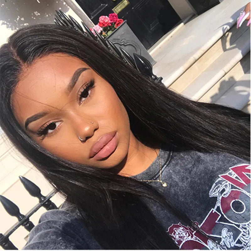 Women's long straight synthetic wig with centre part and bangs in black colour