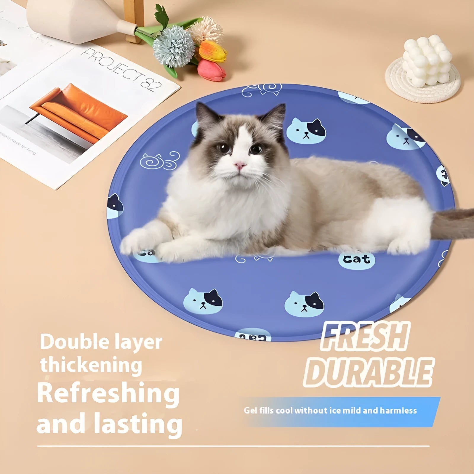 Round pet cooling mat with cartoon bunny design for dogs in 40cm or 50cm sizes