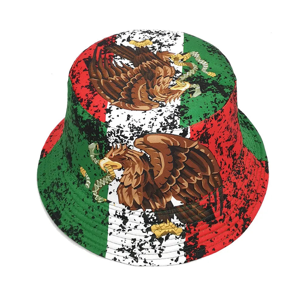 Retro bucket hat with eagle pattern in polyester fabric for sun protection