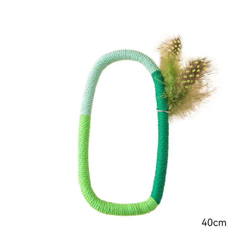 Green cotton rope cat toy with feathers and catnip for safe chewing and interactive play