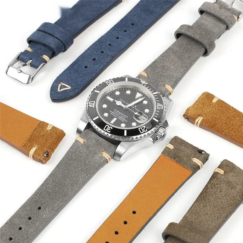 Genuine suede leather watch strap in ethnic style, showing colour options for 20mm and 22mm sizes.