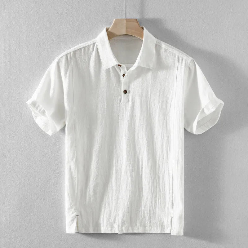 Men's loose fit linen blend casual shirt in solid colours: beige, light grey, navy blue, sky blue.