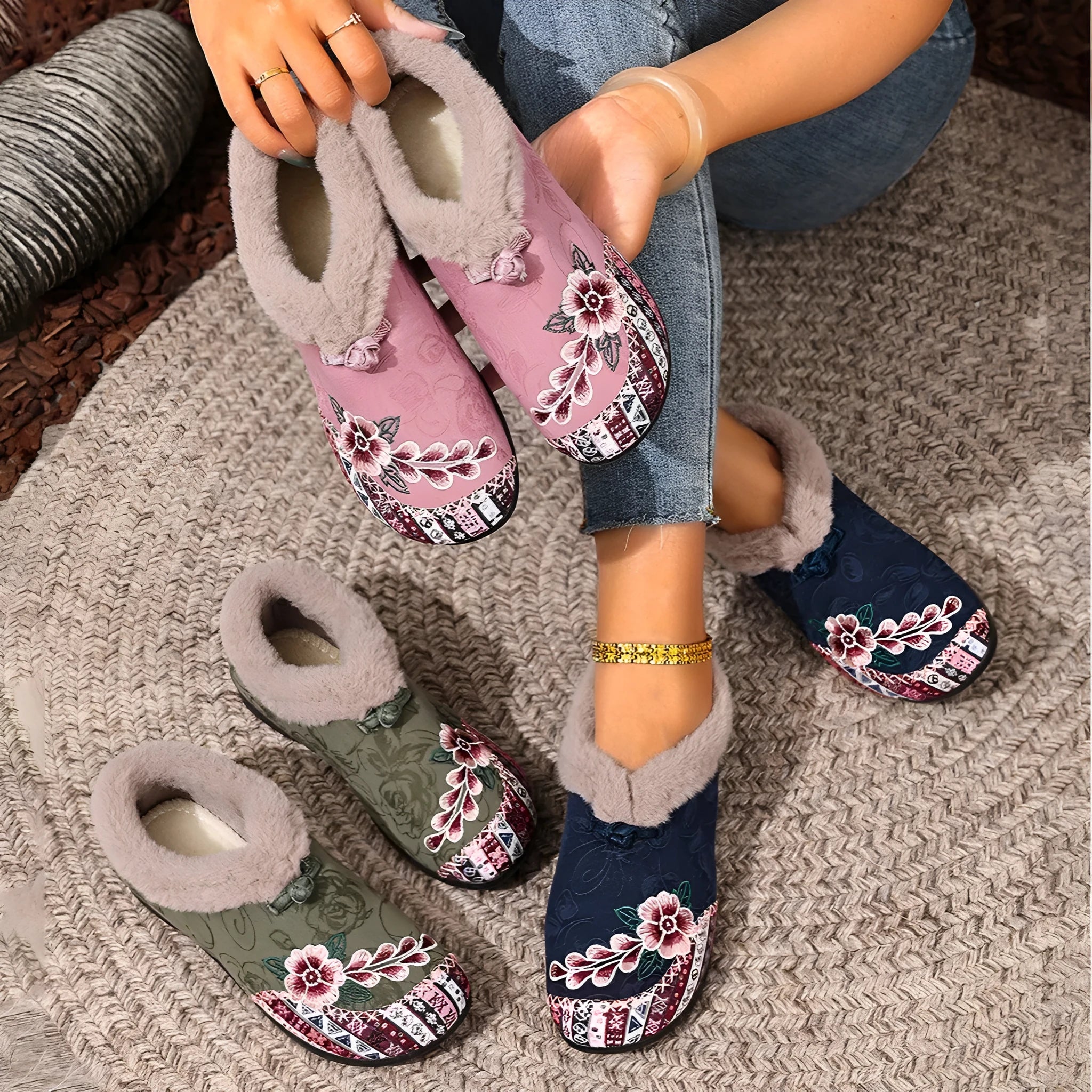 Flat bottom embroidery flowers cotton shoes for women, PVC sole, round toe, available in multiple colours