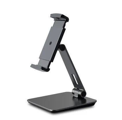 Silver aluminium and ABS folding stand holding a tablet, showing 360-degree rotation and anti-slip silicone pads.