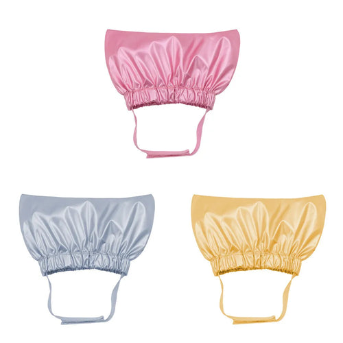 Adjustable waterproof pet shower cap in silver, pink, and gold colours for cats and dogs