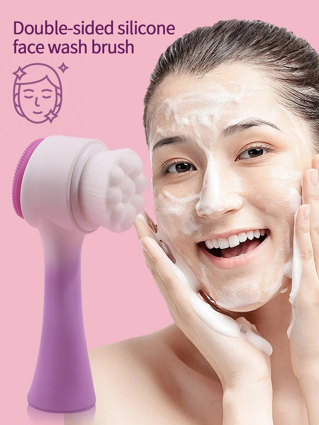 Facial brush and coral fleece hair band set in purple colour with plastic handle and nylon bristles