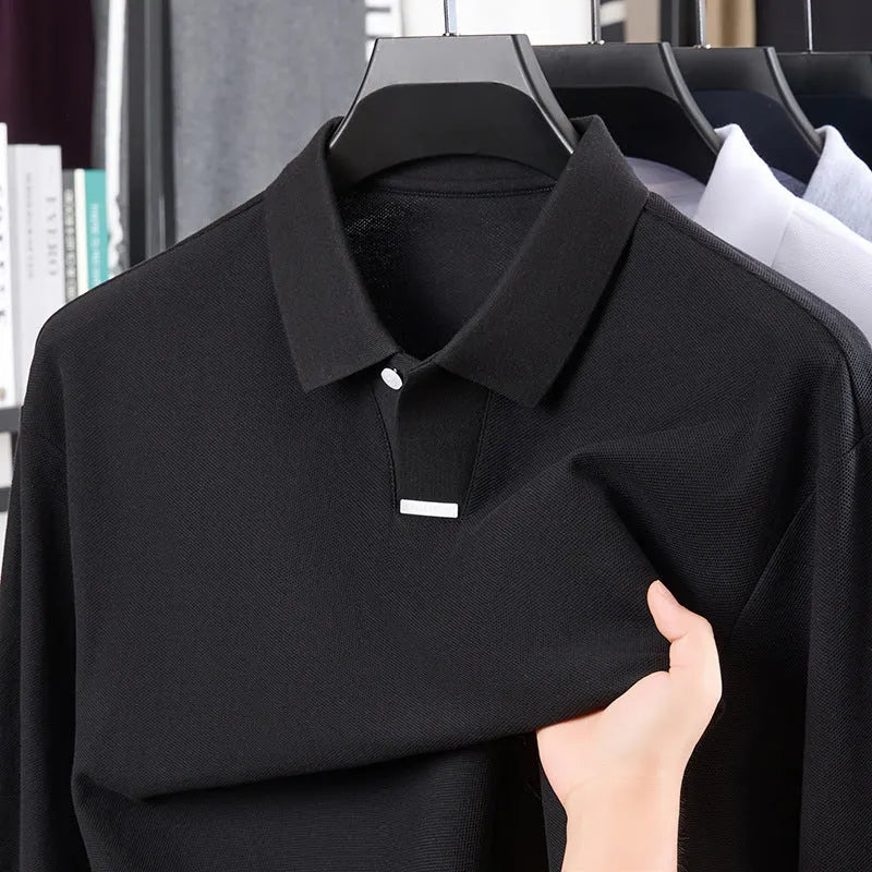 Men's grey cotton polo shirt with asymmetric design and lapel collar, loose fit long sleeves