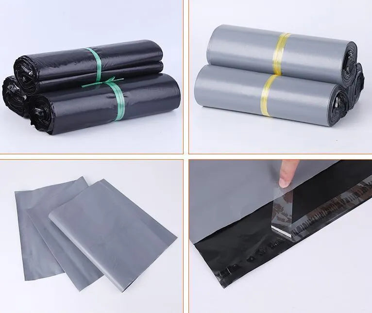 Black, grey, green, and white PE courier bags with adhesive sticker seals in various sizes.