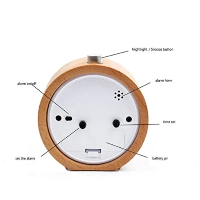 Solid beech wood silent bedside alarm clock with 4-inch dial and integrated mirror