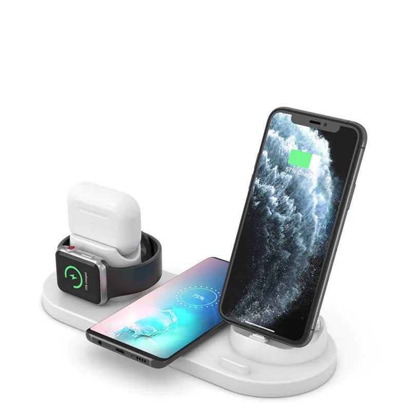 Black and white wireless charging station with phone stand, AirPods charging spot, and iWatch charger