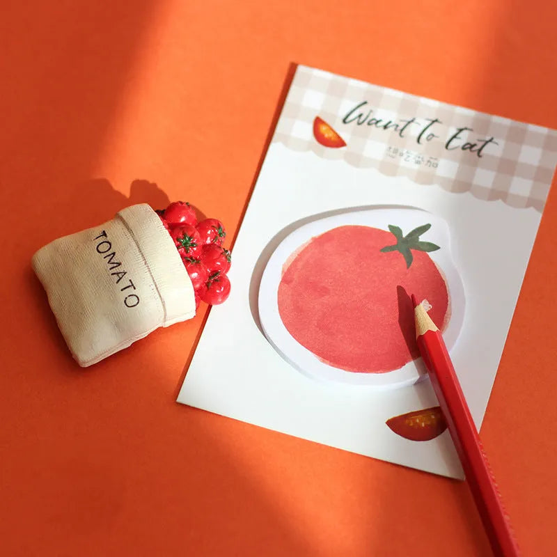 Food-themed note paper handbook showing four colour options with 30 sheets of 80g paper