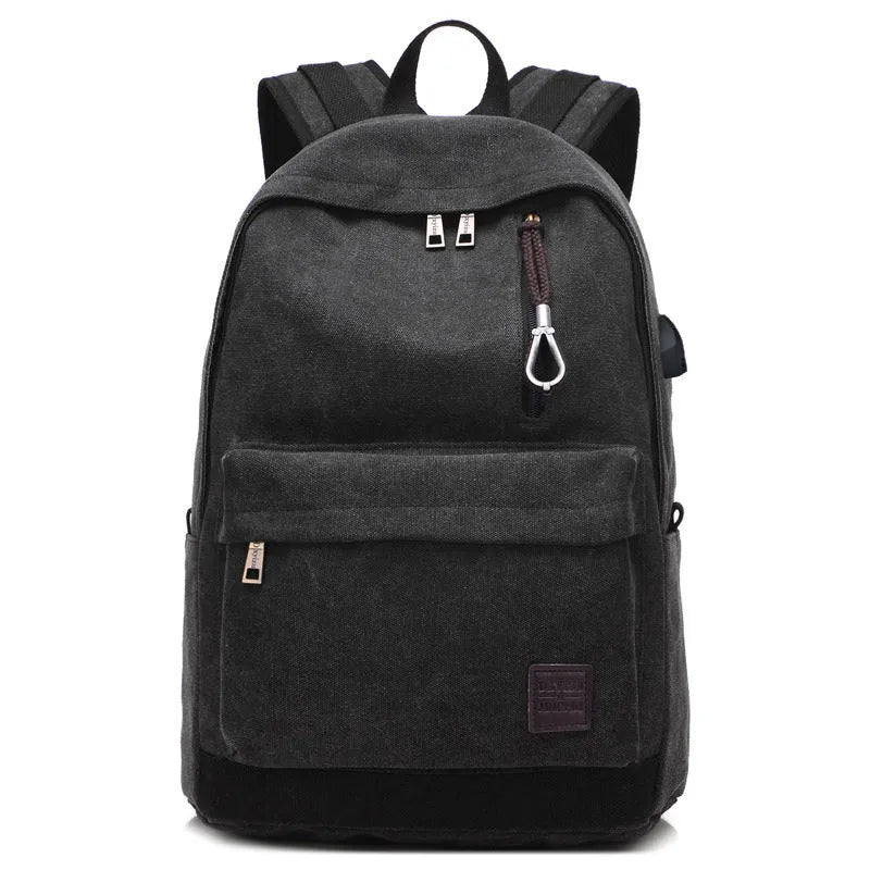 Canvas backpack with USB charging port showing computer pocket and available colour options