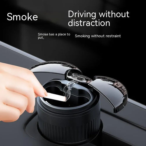 Black automatic infrared sensing metal car ashtray with lid on a car dashboard.
