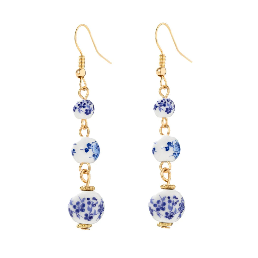 Blue and white porcelain ceramic bead long retro earrings with geometric round design and alloy electroplated finish