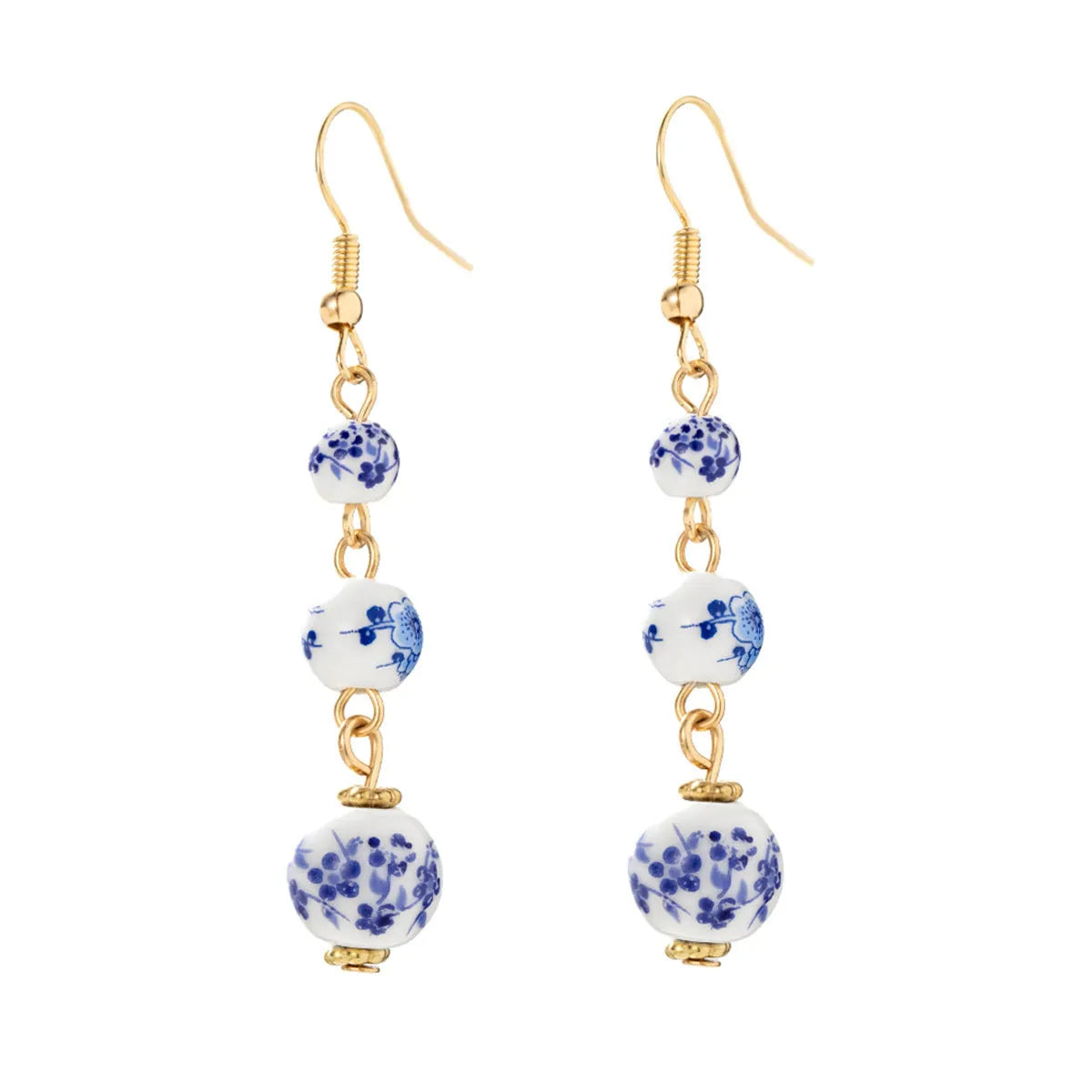 Blue and white porcelain ceramic bead long retro earrings with geometric round design and alloy electroplated finish
