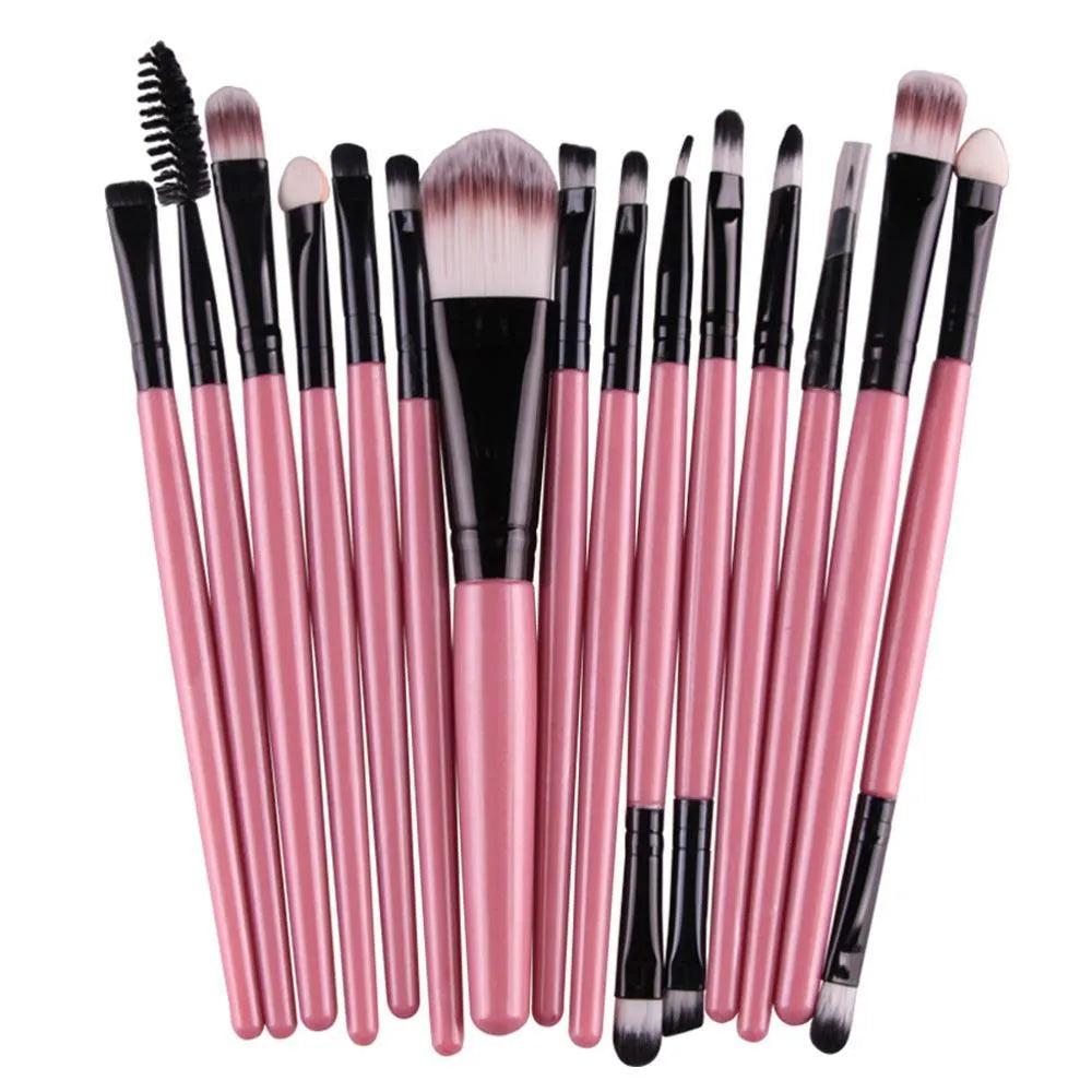 18-piece makeup brush set with fan brushes arranged on a table.