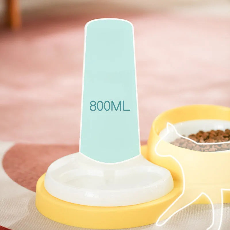 Grey and yellow pet feeding bowl set with dual ceramic bowls, neck protection collar, and stainless steel base