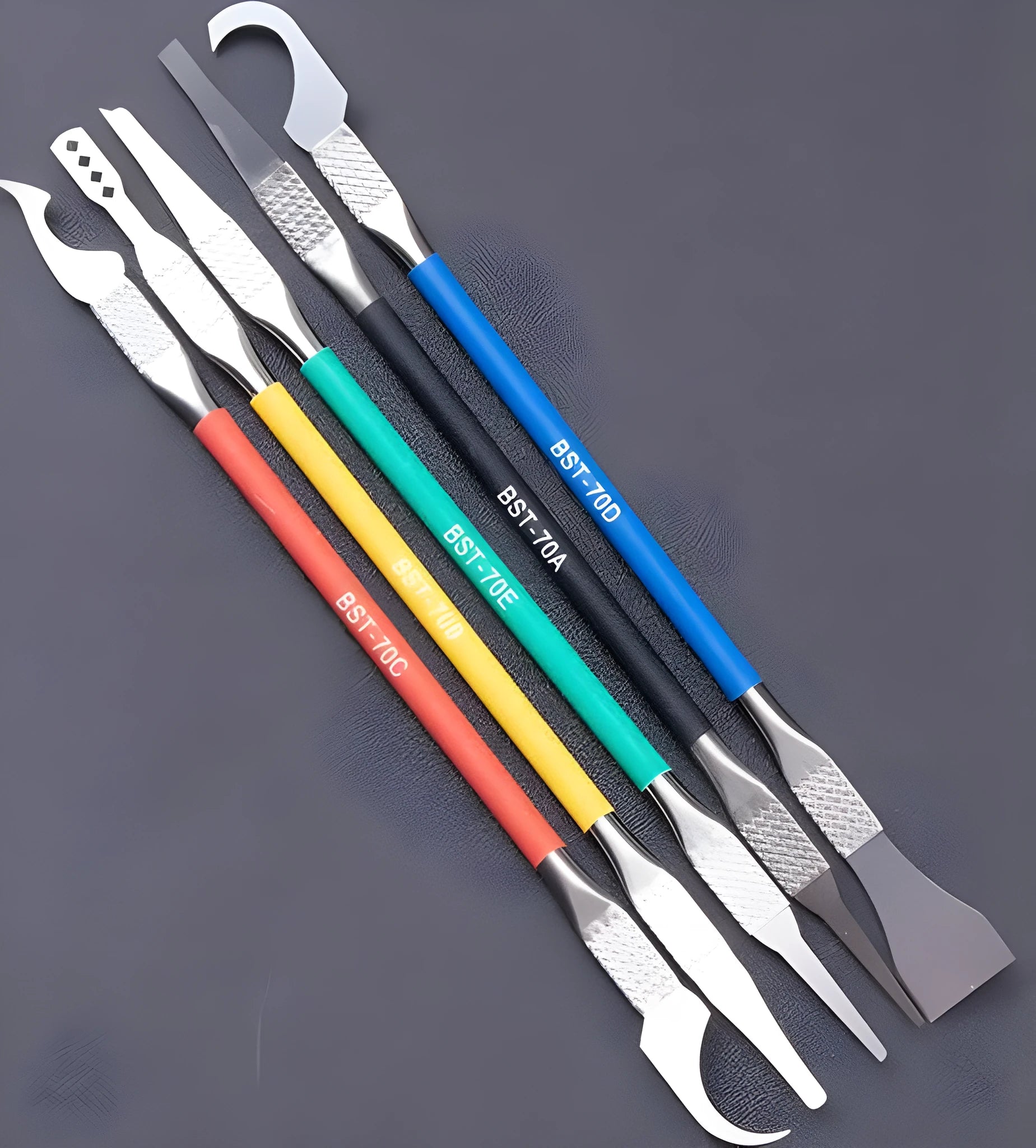 Five piece stainless steel plastic tool disassembly crowbar set with thin 0.07mm blades