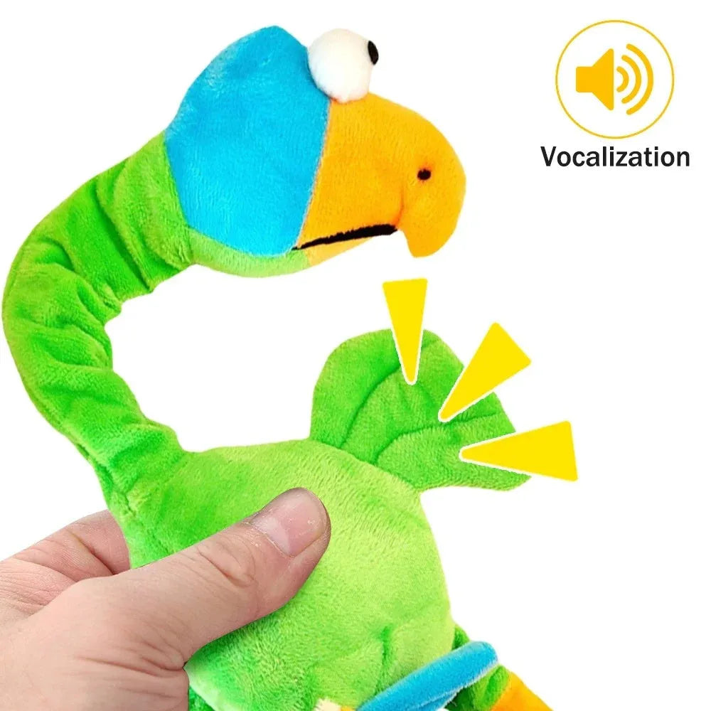 Screaming chicken sound dog chew toy in bite-resistant material, shown in black, green, and orange.