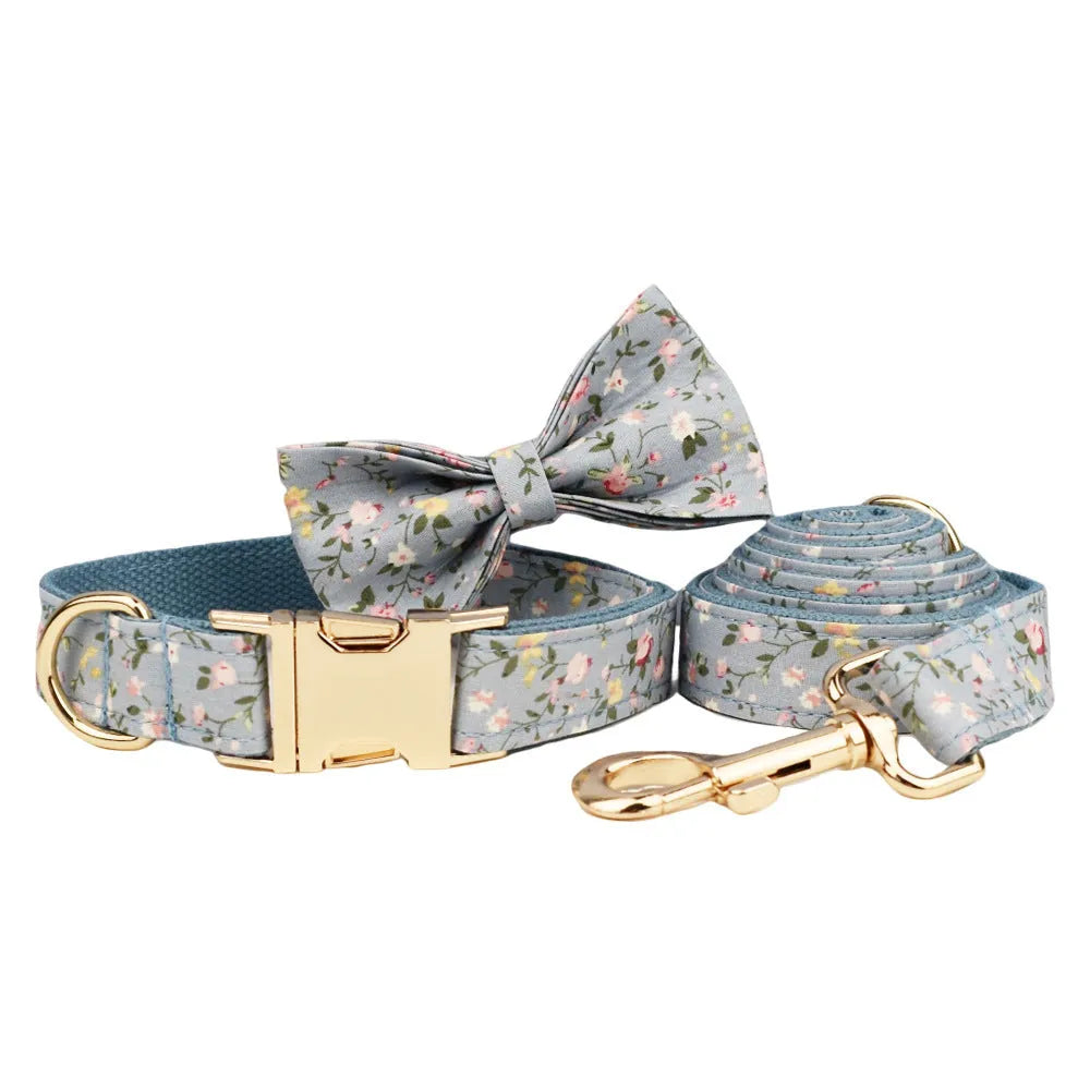 Dog collar set with floral polyester cotton bow attachment in five sizes
