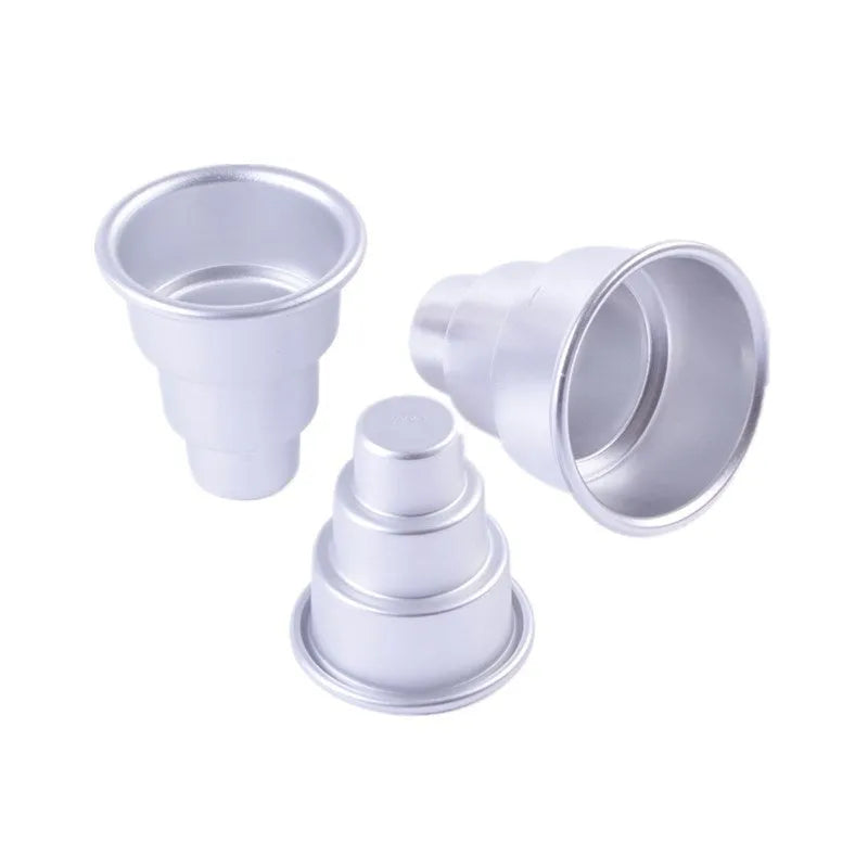 Silver aluminium three-layer cake mould set with large, medium and small moulds for fondant cakes