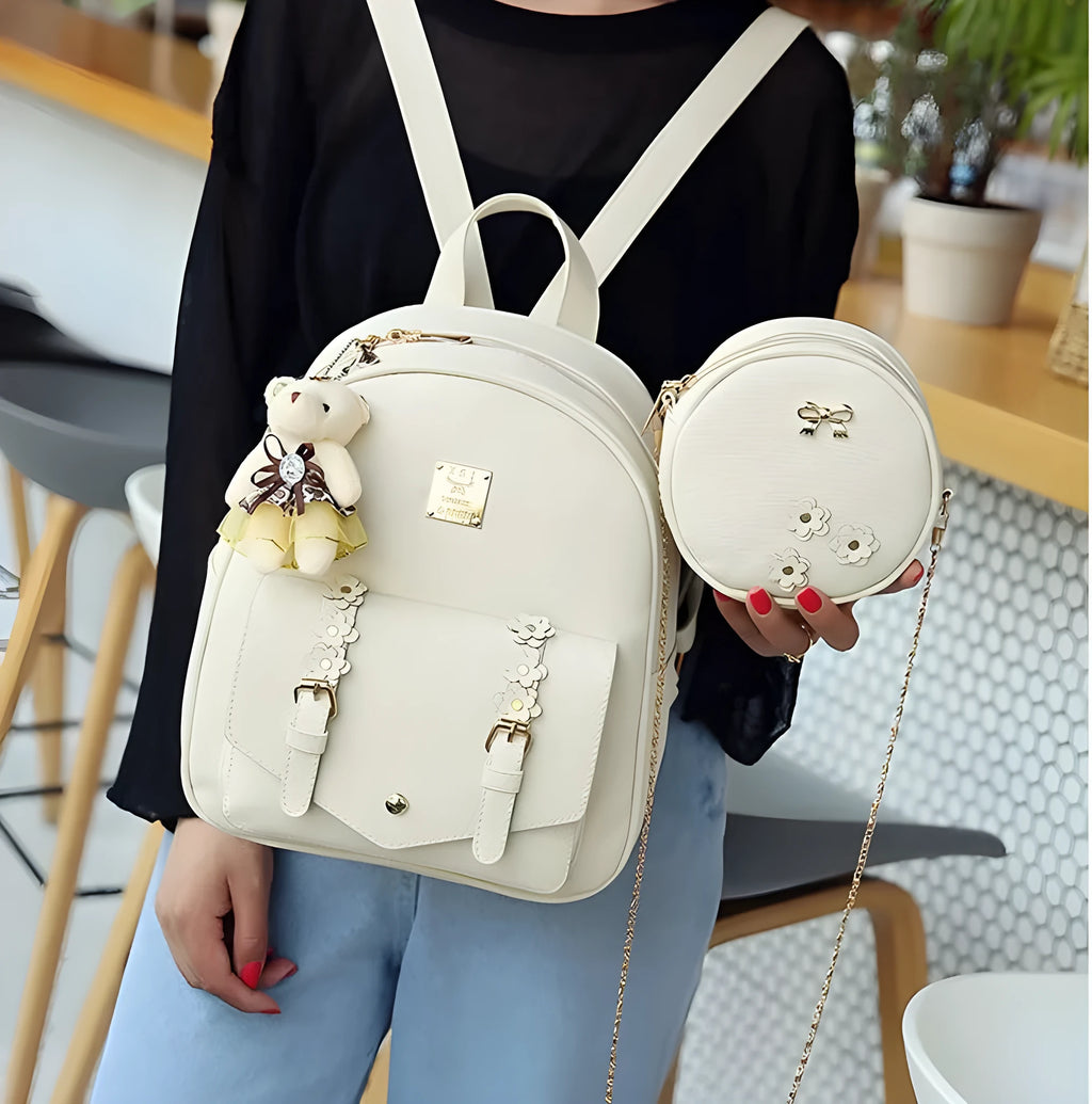 Three-piece floral PU leather backpack set for teenage girls with matching shoulder bag and card wallet