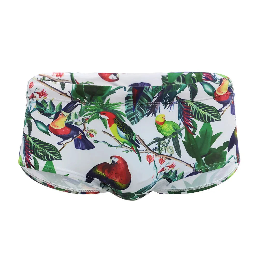 Men's floral print nylon swimming trunks with a cup cover, shown in the 619 flowers and birds colour pattern.