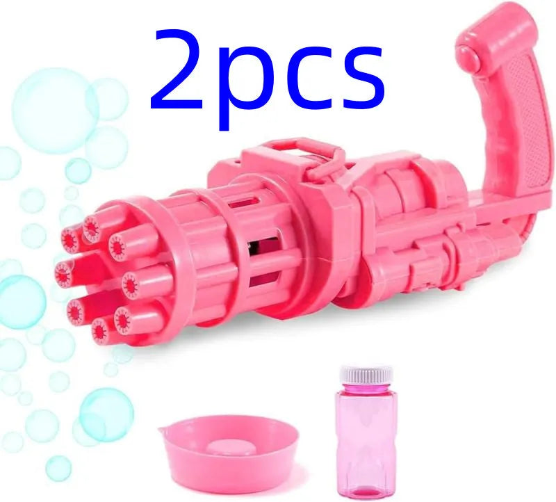 Kids handheld bubble machine gun toy in pink, gold, or black colours with removable bubble head.