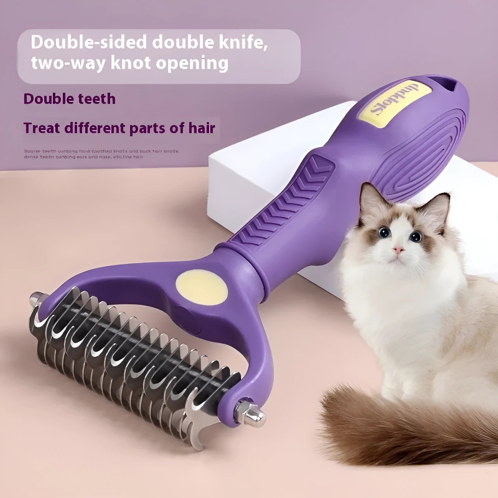 Purple plastic double-sided pet comb with fine and wide teeth for knot removal