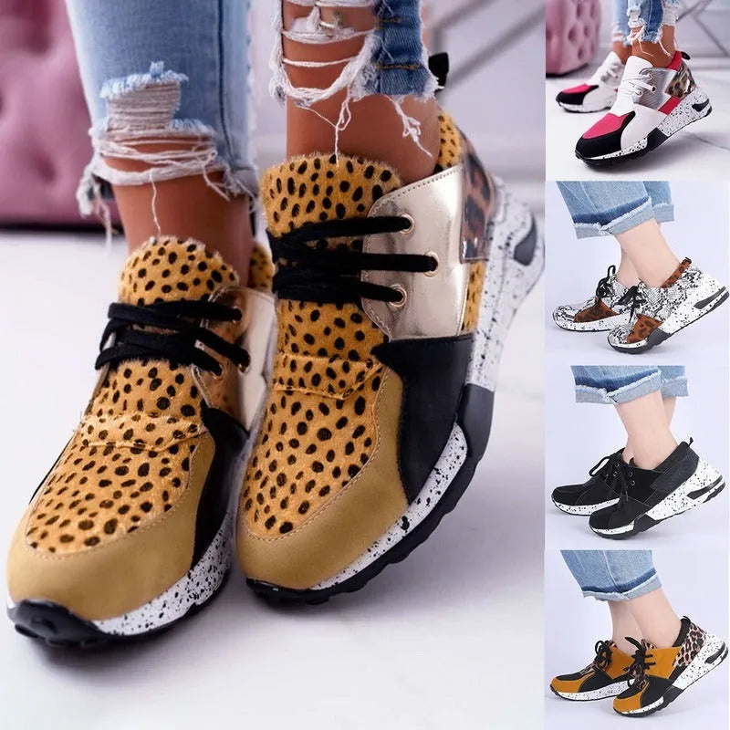 Women's suede casual sneakers with wedge heel in leopard print and snake pattern designs