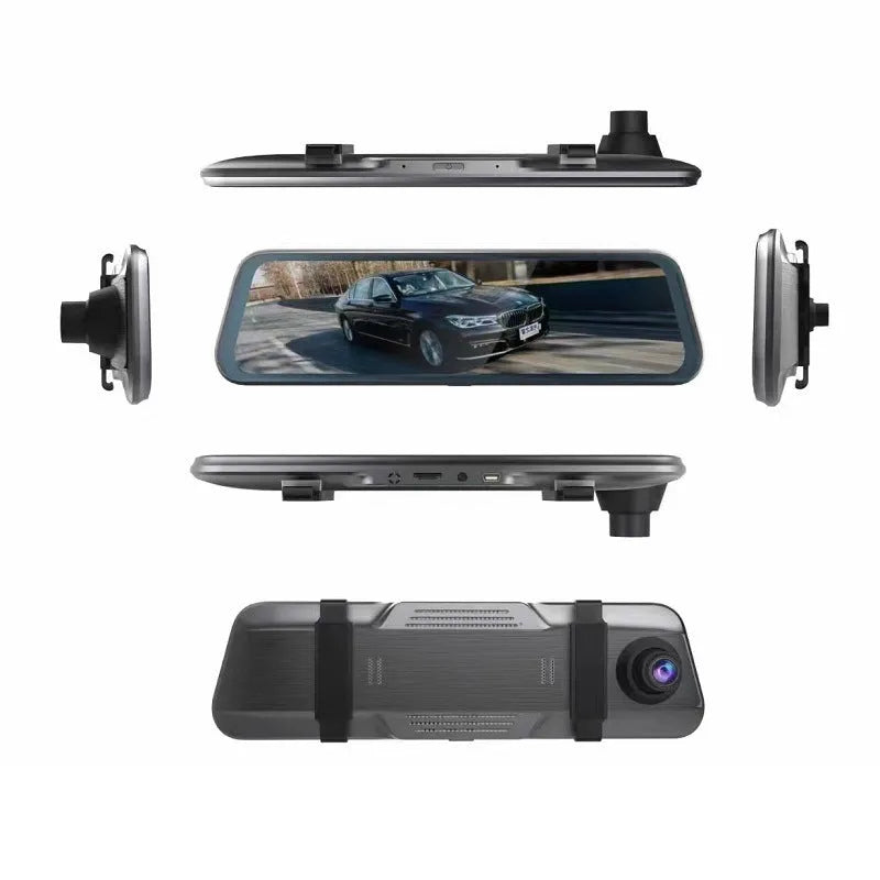 Black driving recorder with large touch screen integrated into a rearview mirror design