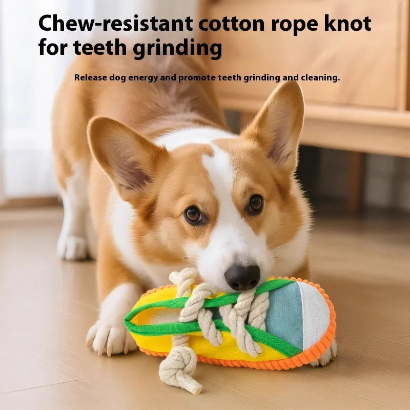 Plastic dog slipper chew toy in yellow, black and blue colours with textured bends for dental cleaning