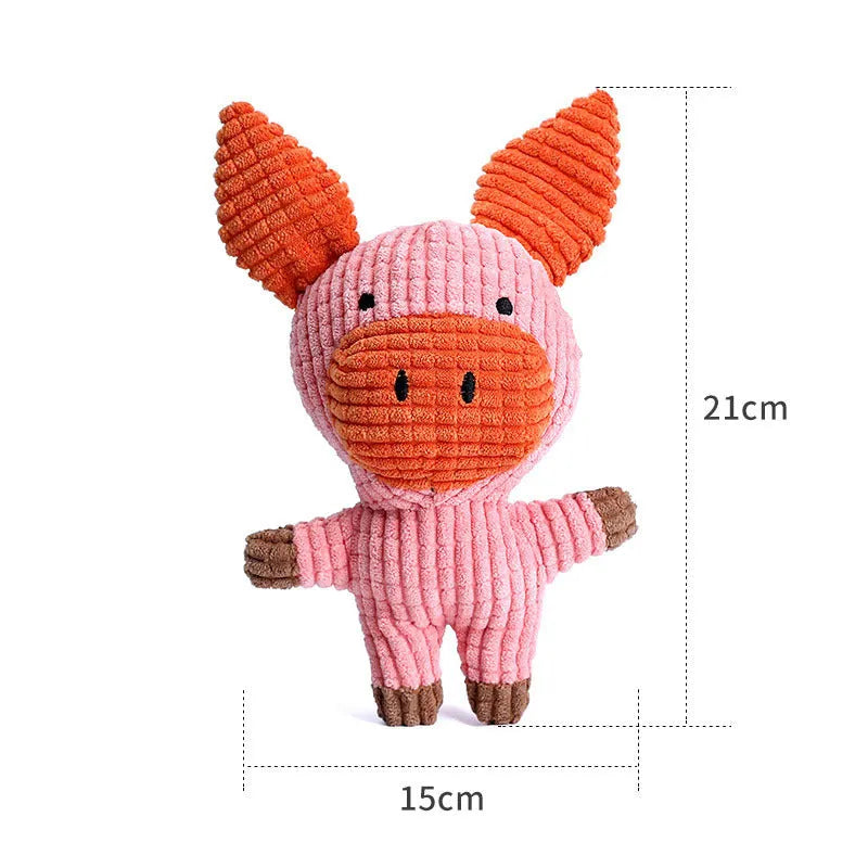 Animal-shaped plush dog chew toy in bright colours with squeaker for small medium dogs