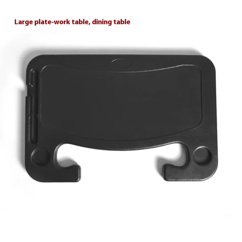 Foldable black ABS plastic car steering wheel tray with a large flat surface, shown unfolded on a steering wheel.