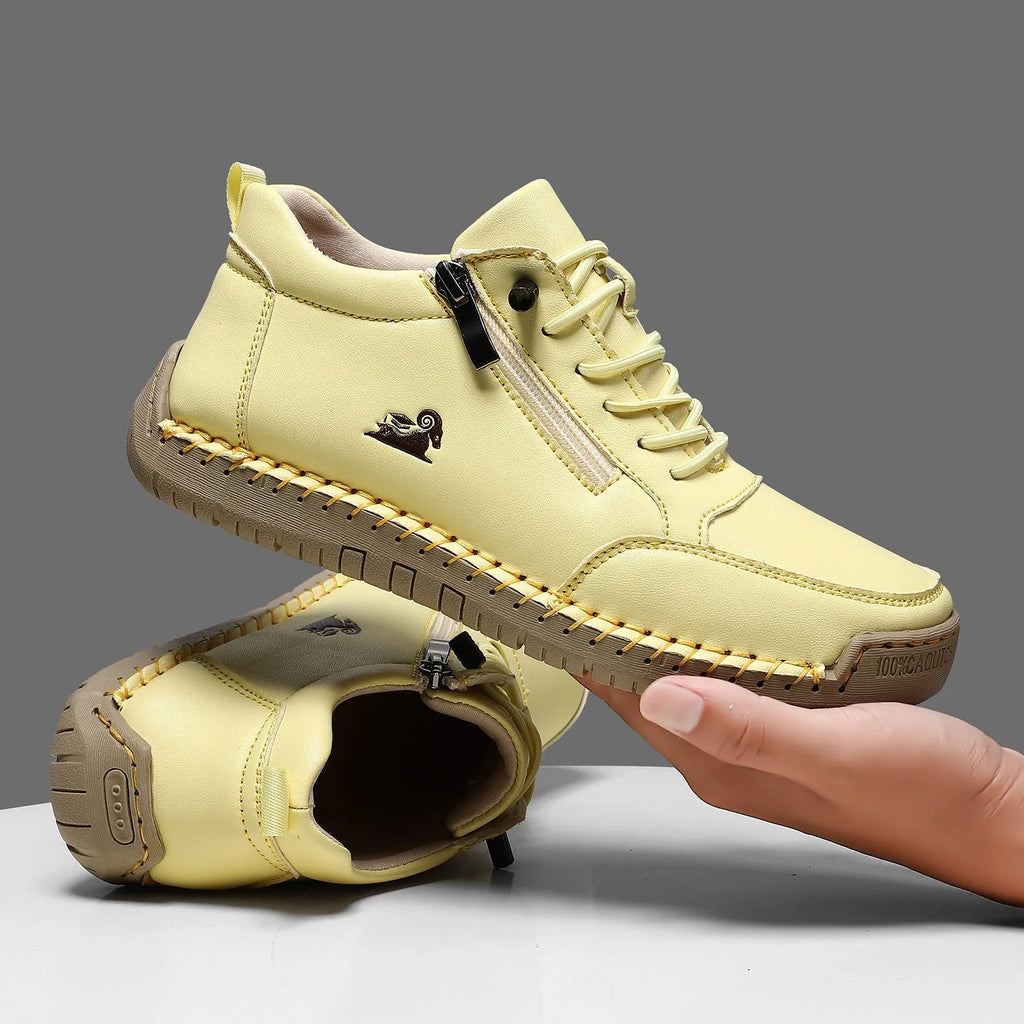 Women's hand-stitched flat shoes with microfiber upper, rubber sole, round toe, front lace-up, solid colour design