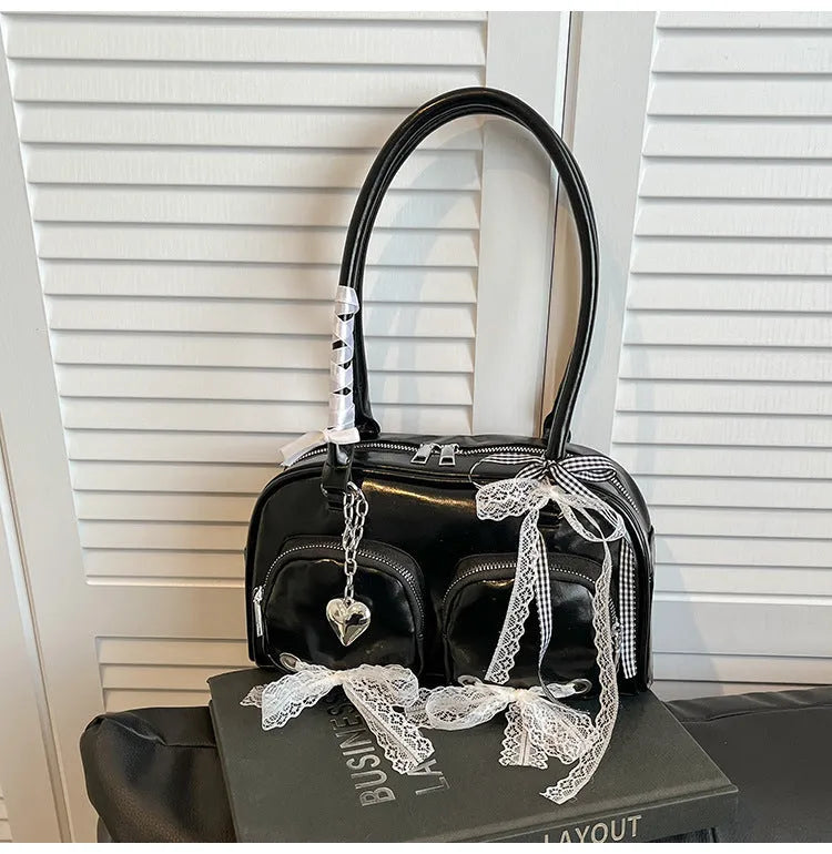 Women's soft PU shoulder bag in horizontal square design with double adjustable straps