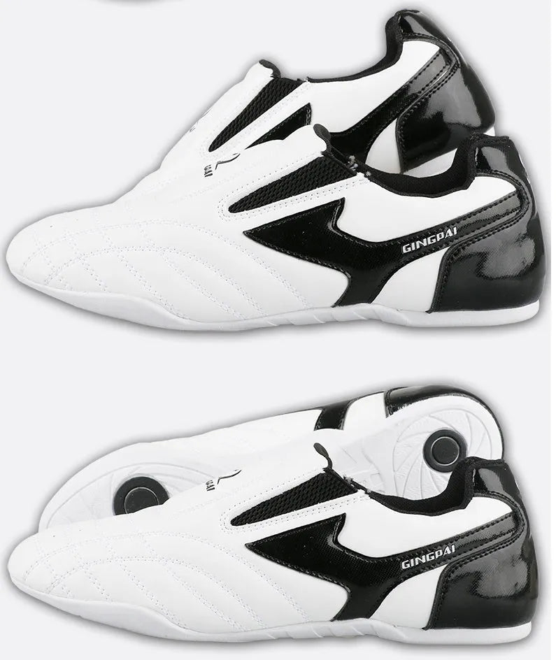 Black and white children's PU martial arts training shoes with soft sole for Taekwondo and Sanda.
