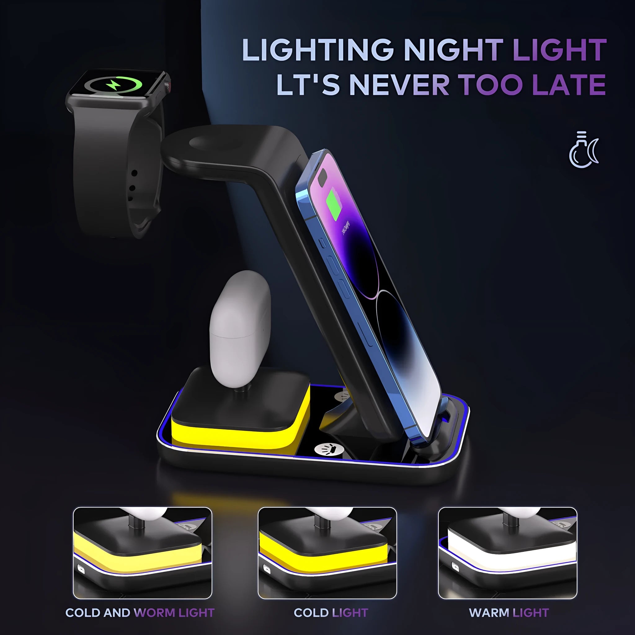 Black vertical wireless charging stand holding phone upright with smartwatch and headset charging