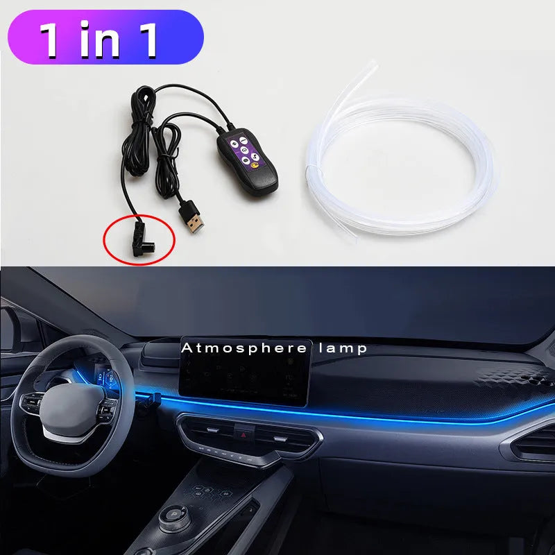 Car interior with colour-changing LED atmosphere lighting installed along dashboard and centre console